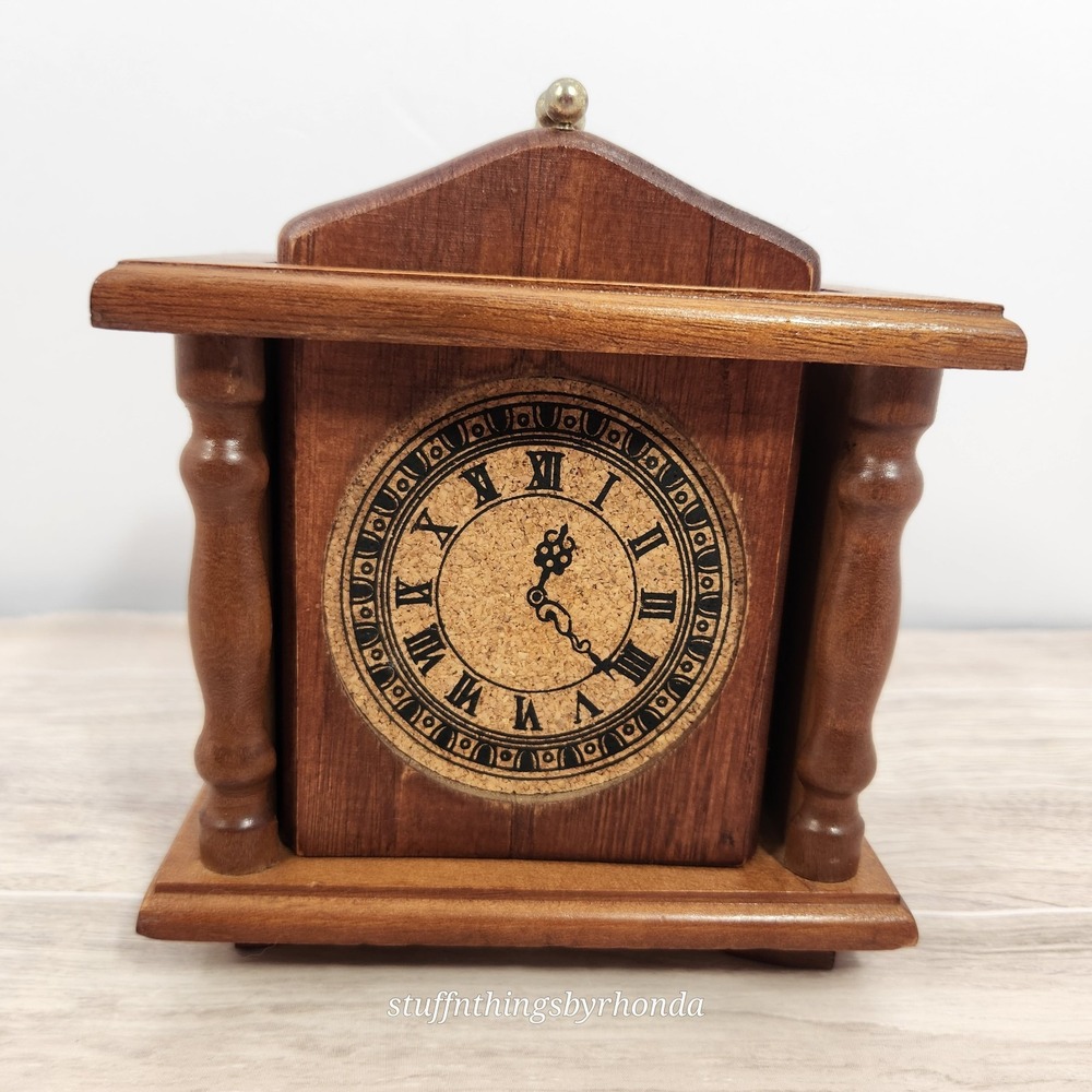Vintage MCM Wood And Cork Big Ben Clock Face Coaster Set Of 6 With Holder